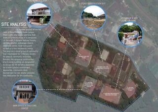 SITE ANALYSISTi- Ratana located at the hill
side of Desa Petaling, Kuala Lumpur.
There is the only narrow pathway that
leads to Ti-Ratana Area. It is composed
of the main Ti-Ratana Welfare Society,
old folks shelter, orphanage shelter,
child care center, local restaurant
as well as a few residences nearby.
The area has a small group of community
that volunteered for Ti-Ratana society
for several community activities.
Besides, the upcoming construction
of a 5 storey building are designated
to occupy 92-96 old folks separately
for a more comfort environment.
Meanwhile, community clinic
located next to men shelter provides
free medication for the community.
SITE ANALYSIS
WOMEN SHELTER HOME
5 STOREY CONSTRUCTION SITE
ORPHANAGE & MEN
SHELTER HOME
MAIN OFFICE & CHILD CARE
CENTER
 