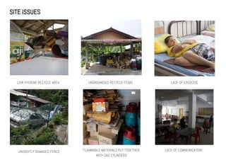 SITE ISSUES
LOW HYGIENE RECYCLE AREA UNORGANISED RECYCLE ITEMS
FLAMMABLE MATERIALS PUT TOGETHER
WITH GAS CYLINDERS
UNSIGHTLY DAMAGED FENCE
LACK OF EXERCISE
LACK OF COMMUNICATION
 