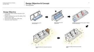 Community Service Initiative
(UCM60102U) Design Objective & Concept
Glowing Boxes
7
Design Objective
• Encourages more outdoor activities to be
carried out.
• Brighter walkway improves the safety of the
community at night.
• Improves the cleanliness of the area.
• Improves social interaction.
 