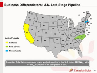 11
Business Differentiators: U.S. Late Stage Pipeline
Active Projects
California
North Carolina
Massachusetts
MA
WA
OR
UT
MT
ID
CO
WY
ND
NE
KS
IA
MO
KY
WV
SD
NV
AR
TX
FL
OK
MN
WI
IN
OH
MS AL
GA
SC
NC
TN
NH
VT
NJ
CT
RI
MD
DEIL
PA
MI
DC
AZ NM
CA
ME
VA
NY
LA
Canadian Solar late-stage solar power project pipeline in the U.S. totals 222MWdc, with
91MWdc expected to be completed in 2013
 