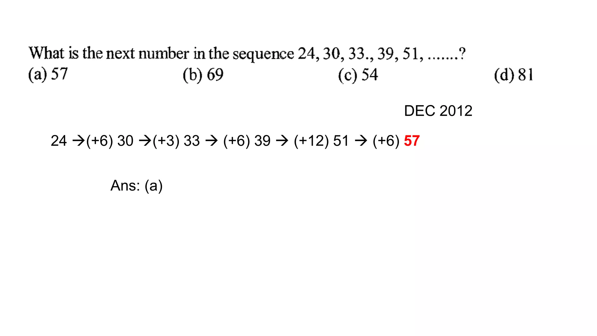 DEC 2012
24 (+6) 30 (+3) 33  (+6) 39  (+12) 51  (+6) 57
Ans: (a)
 