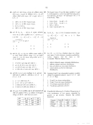 49. ff<;41 t;::r o;wr F,(t) >r F,(t) r{1l rnfir.lmr """'
'"""' f,(t) • f.(o)$ ol - WT, • T, oll
;:f:i&"( ITftr;!j/ iJ;tm; )l,(t) = 31~ II h1(t) • 4~, 1 >
0 C I~~
1. .,n,> ottl f«ii F,(<l~ P,(o).
2 !70h I> I ttl /i;>1 F1(l) < f.(l).
3. E(To) < e(T,).
4. w>l) l > 0 41 f,rz) f,(l) < f,(t).
SO. "'" /tl X,, x,. ... o~1, 1) <6 3fjm< mkr.m
W<ftl lW 6 #til t.,t'J2NI "' { I 'li'l It; o ~
!.P fi:rd S • X,l+X!+···+ X~ -' 1 ;r)
.. - " ('
g1w:(S)
lim ... .., ~ t:
_,.. ll
I. 4
3.
2. 6
4. 0
51. 'fP. f.N {X,,:" ~ oJvw 'lMitH Mnon ~tifh s
'R ..,., 7/ifj"'f ~ 3l"''J! '""' ""' 'fl18lo
.;.,., t I ...~ ~ fWifl JRO!f- 1t.l f: I
ffl ~ rrr.r.'frr ~·l!IFtT
I. ,f: Jf'f<Kf' lf§if '({f'U ifc.t ;ngt f. I
2 <1>1 ViG A .jpRI '«16{ tk:"-t ~/fiJI 1 I
J. 01!1 oat ># """' - 11$1 ·rt!l # I
4. ;t U/q;- ;JM l:t fffN dc-r JIII/I ;rtt 'I I
51. 'l1'f f!t; X • Y <I - ~ ., #. omO>l
&-ff fff'lf Y Wl~ 8 I lfF'I' fi5 U= X -+ Y' lJ
V=X- Y m
I. U >V ~''""'' t
2 (JJtY ;it-~~~'fPrRt I
3. U(P)m O;l o:T-ff <fl'll <1'111rtf d I
4. Y KlknorteAiiff'II~Z I
15
49. The ~~rd rates of two life time 'tmbies T1 aM
T1 wid' respectivt e.d.r..s F,~l) and F:(t) and p.d.f.s
f1(t) and f:(l), arc h1(1) ~ 31 and h~(t) =4tJ. t > 0
ccsp=ctively. Then
l. F1(t) l' F2(t) for sll t > 0.
2 F0(t) < F,(t) fonll t> I.
3. E(T,) < E(T,).
4. fo(l) < f1(t) for nll t > 0.
SO. Cct X,, Xz, ··· be: i.i.d.l•t(l.l) random VJriable$. Let
S.o:-Xf•X:+···rX~ for , ~ 1. Then
limYar(S.) is
_.,. II
l. 4
3. l
2. 6
4. 0
St. 1.<:« {X.. : 11 f! 0} lx: :a. M:nkov ch::un on a finite
$talle space S with Jtuionary k:imkJOn p«)bobility
n'-11nx. Stpp<>sc: thm the ~hain 11> nQt
in-educible:. TI1en the M:ukovdta.i1~
1. admi1smfinitclynl.,nySt:llion:trydiStl'lbutions.
2 admits a unique ;iii<Hionory dlstnbution.
3. rn:aynOr ad:lua anyst.u.omry <b.suibution.
4. cannot:tdmit (:103Ct1y two smtiV11al}'
distributions.
52. Suppose X 2nd }'.ve ind<:pc:ndent r.u1dom v.'u;ablcs
wh<:reYi~eymmc:tricaboutO. LetU=X-t Y and
r • X- r Then
I. Uand Vare always itt<h:pcndent.
2 U and Vhotve &he- ~ncdtSCribution.
3. U is111"'li:)'Ssymmetric about o.
4, Vis a.IWA)';ii SymmetriC #bMII0.
53. <:0 'g'llit ;; at •r-f.lt11<w "'" 'II flfil >tm!llrT>ff ;f,l 53.
""' 11/) ~ f.;r.r 2:oa mGm # ~
~ t; :rdJ t 1 ~ "~Pr-r $) rrtr'fli~ :
6,nsider the following 2 X 2. bble O(froque~'ICi:es of
''OC.·cr prc(en:nt"C:S to "''0 parues cbSS.~fk"d by
l_!Onder, Ill :ill election. IdentifY lh~,:: CQITCCl
~t<ltcme-JU:
 