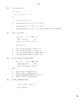ot(.<.y) =.T,
!....
I. asoluctOn (o( :aU xeR. y•R
32
2. an unoqu• solution ot l(t, y) •~: (x, y) • (0, 0)1
3. abowlded oolut"'n'" !(x. y) eR1
: (x. y) • (0. O)l
4. an unoqucsotuuon m II•. y) tR': (x. >) • (0. 0)}, but theso!u1"'"••unboond..-.1.
u, - uu =O. O<.t<Jf and 1>0}
u(O.r)-u(.T.r)-0, 1>0
u(J.,O) =s.tn.l'<t$1D2-'. OS:xS r.
I. .,ftx£(0, ::).1 r..~ .,(x,r) - • 0 <illt _,"'
2. W'f1xG (0. x)~ f?n) t',.(x, r) -t 0 iffl t -+G>
3. .tc (0. r.). 1>0 Ill IM c'11(t, 1) 'll1! 'litq """' ! 1
4. •eDxe(O, ~)•> Rnl •''u(x.r) ->0 1lfil 1 _,. «>
95. Let ., be asoJuHon orlhche;u cq1t:11ion
u, -11"~ =0, O<.x<r. ond t>O}
u(O,I) • ot(/1,1)• 0. 1>0
11(x,O) =$in,'+Sin2x, O~ .t$1:
l. tr{x,J)-+ Oas t -+ oo roc:~ll xe (O, ,or).
2. lu(x, 1) ->0 os 1->"'foroii .<C (0. If).
3. tl•t(x,l) is <1 bounded funellon for :ui (0. JT), t >0.
4. e:J(x.l) _, 0 :a,.;t -+~for all xfi(O, tr).
96. 1iRJr;}; u flftTffrr. IP. wwm
u' + ~~~·• /(1),
I
u'(O)=o, u(l)•b
1e(O.I} }
41
 
