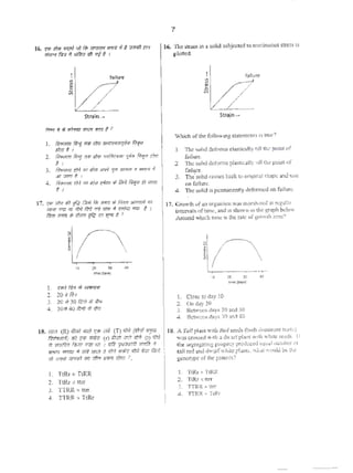 16. ""'"'" ""~' """'"""'" "'!I' ~ t ~.,.fi<1r.1 /In h~ ¢1 '1"/t I
I
~
Stra.-.-
I . !imml ~ ""' i!ffl Jfi'QI'I<tl1f'{!/;r; fiPijir
.mrt 1
2. /ilyrrt17 fir~ If<'"'" ,..ht:>f,,"""~,..,t I
3. fJlwffm Q:;t w Wa JJPH p #:PNf • HM ...,
Jt(1 r:rrm t ,
4. RVJMfff r.H ifl cs>u r;~m -.~~ {q<IJCf t) rirlffl
t I
17. <"viiHit >(): ~ Rl 'Wr't IK f.l•it >iimfi) <a
Wli1f/1 r;t;1 ftl :fti It;} ~ !iF8 if t:lfit:1 r;:zi t I
,., """ il """' ~ ....... , '
:II
I
•• ..
) , <:"'tl'~ ftoT ~ .J.'fflW'R
2. 20 >I R~
3. 20 ..)0 ~ .. ""'
4. )03 .:0 ~ill '*'
18. NT« (R) >1/Jf/ or# r:<n <f,) (T) r/IU (1MTff19
~i+·~tmlt) at f'1i rttR (r) 1fr.it ;:m .W:t (t) ifh)
?t ~ t';i;1f1 rr.t1 P..7 J mt ~ ffrmt ;t
fPWI fl/f!ll11 ~ r# tva :s ~ fPI;:: ~ W:r t);tJ
"' ;pi$ . , . "" ""' ....., ""' , •
J. TtRr x TtRR
2. 'J'Ur> urr
3. TTRR• ttn
4. TTRR x TlRr
7
16. TheS-train iJl a solid subjected tocontinuous stress is
plo«cd.
I
j
Strain--
Which ofthe following s1<ltemcntS it 1n1e'?
1. The .!tolid dcfomts daslically tilt the pomt of
fadun:.
2. The soliddeforms pl...,.,.uyom<h• point of
failu~.
3. The.solid comes b::k to onjpnal sh:tpc:3nd srxe
on failure.
4, Th.c solid Ispemumentlydcformcd on failure.
11. Growth ofan orpnism was mon1tor<:d ac regular
int.ct''al$ oft~. and as ~-n in &hi: graph lxlow.
Arotmd ~C'h lime rS me rate ofgrowth 1,1:!0?
l!
I
.,
I. CloS<to<by 10
2. ~d.ly20
3. lkf9.-un days 20 and 30
.:l. Rc1v.•ccn da~ 30 and ~0
.,
IS. A 'IOU pla.~n widt Hi!d s~-ds (bolh dominant lntils)
was C:COS$ed wich ~ dw:nfplant w11h wh1tc seeds. II
1h.e segr~g:uin~J p:og-~tny p1oducW cqt.~3li'umbcr of
ull nxl and d--.-;wf'whilepfanb.."h..t -.ould btlhot
::}."00t)'1)e ofthe p:rec:s?
1. 'ftRrx T1RR
:2. TtRrxurr
3. TTR R. )C ucr
4. TTRR w·rcRr
_____}
 