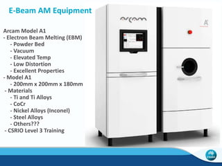 Optomec LENS MR-7 
• IPG Fiďƌe Laseƌ ͞ďloǁŶ poǁdeƌ͟ 
• 300 x 300 x 300 (mm) chamber build volume 
• 500W beam power 
• Two powder feeder (layered composition profiles) 
• Part roughness Ra 20-50mm (Rz 150-300mm) 
• 22cm3/h build rate (Ti-64) (much higher build rates for 
other LENS variants 
• High purity inert gas (O2 ≤ ϭϬ ppŵ) 
• High residual stress 
• Optomec materials: *Non-standard Materials used in R&D 
Titanium Nickel Tool Steel 
CP Ti, Ti 6-4, Ti 6-2-4-2 
Ti 6-2-4-6*, Ti 48-2-2*, 
Ti 22AI-23Nb* 
IN625,IN718,IN690*, Hastelloy 
X*, Waspalloy, MarM247*, 
Rene 142* 
H13, S7, A-2* 
Stainless Steel Refractories Composites 
13-8, 17-4, 304, 316, 410,420, 
15-5PH*, AM355*, 309*, 416* 
W*, Mo*, N* TiC*, WC, CrC* 
Cobalt Aluminum Copper 
Stellite 21 4047 GRCop-84*, Cu-Ni* 
• Repair, prototyping, design, customising, light-weighting, 
alloy design, composite materials 
 