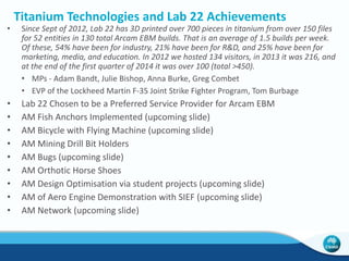 Making the Business Case with Flying Machine 
Three Conditions Together Made the Product Marketable 
 Design Change for Every Customer Possible 
 Off-The-Shelf Tubing 
 The Novelty 
http://www.flyingmachine.com.au/2014/01/3d-printed-titanium-bike-of-the-future/ 
http://www.youtube.com/watch?v=_gOd3w69kh4 
 