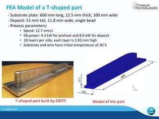 One-sided Part Model 
1923 
300 
Temperature (°K) – during build von Mises stress (MPa) – during build 
800 
0 
von Mises stress (MPa) – cooling to below 90°C von Mises stress (MPa) – released from clamps 
800 
0 
800 
0 
13-00975-EOT 
 