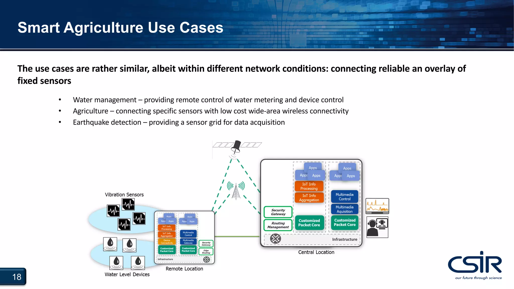 18
Smart Agriculture Use Cases
• Water management – providing remote control of water metering and device control
• Agriculture – connecting specific sensors with low cost wide-area wireless connectivity
• Earthquake detection – providing a sensor grid for data acquisition
The use cases are rather similar, albeit within different network conditions: connecting reliable an overlay of
fixed sensors
 