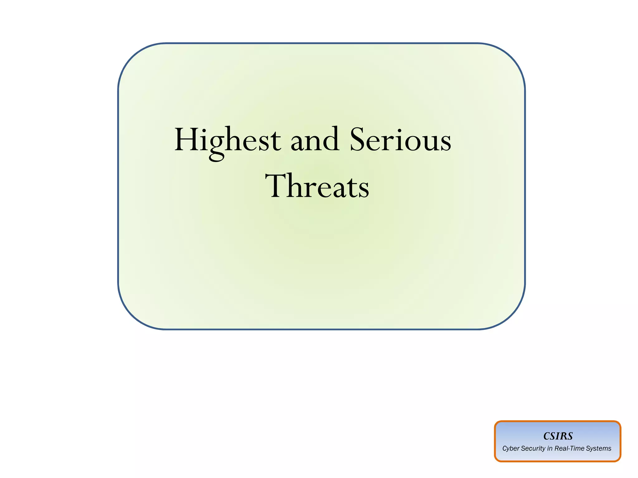 CSIRS
Cyber Security in Real-Time Systems
Highest and Serious
Threats
 