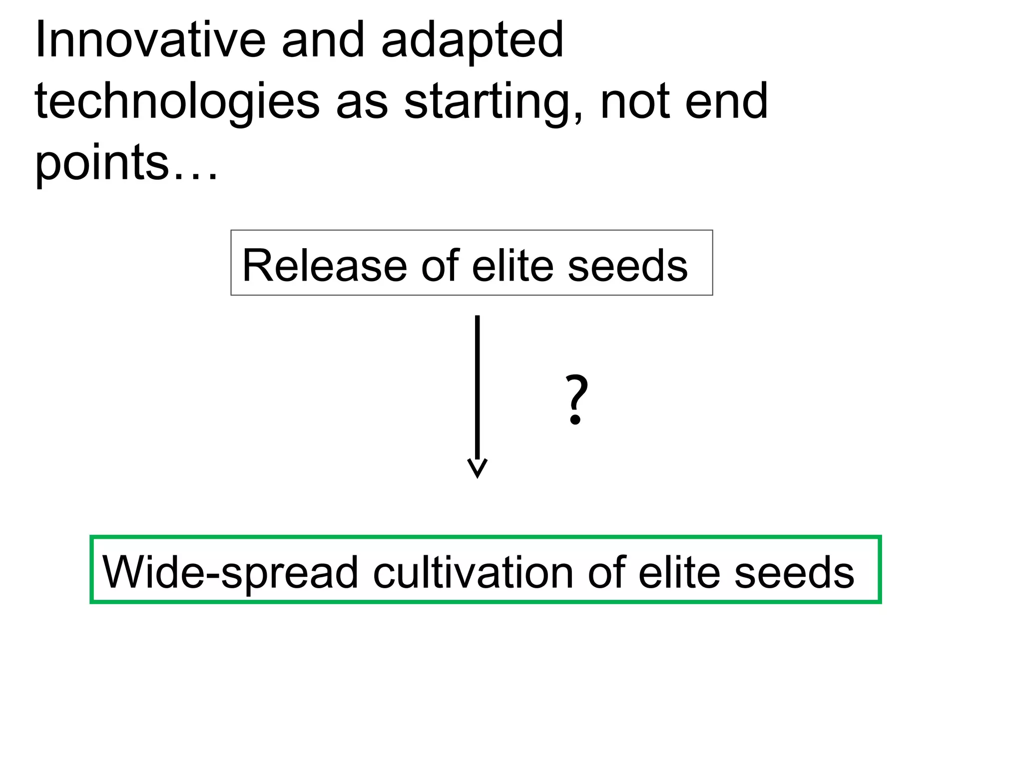 Innovative and adapted
technologies as starting, not end
points…
          Release of elite seeds


                          ?

   Wide-spread cultivation of elite seeds
 