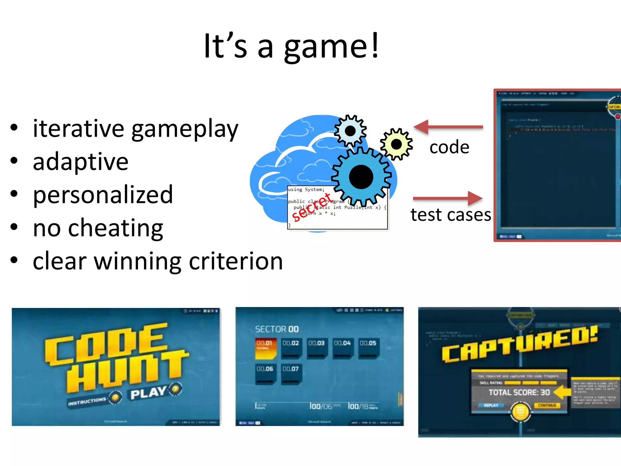 It’s a game!
• iterative gameplay
• adaptive
• personalized
• no cheating
• clear winning criterion
code
test cases
 