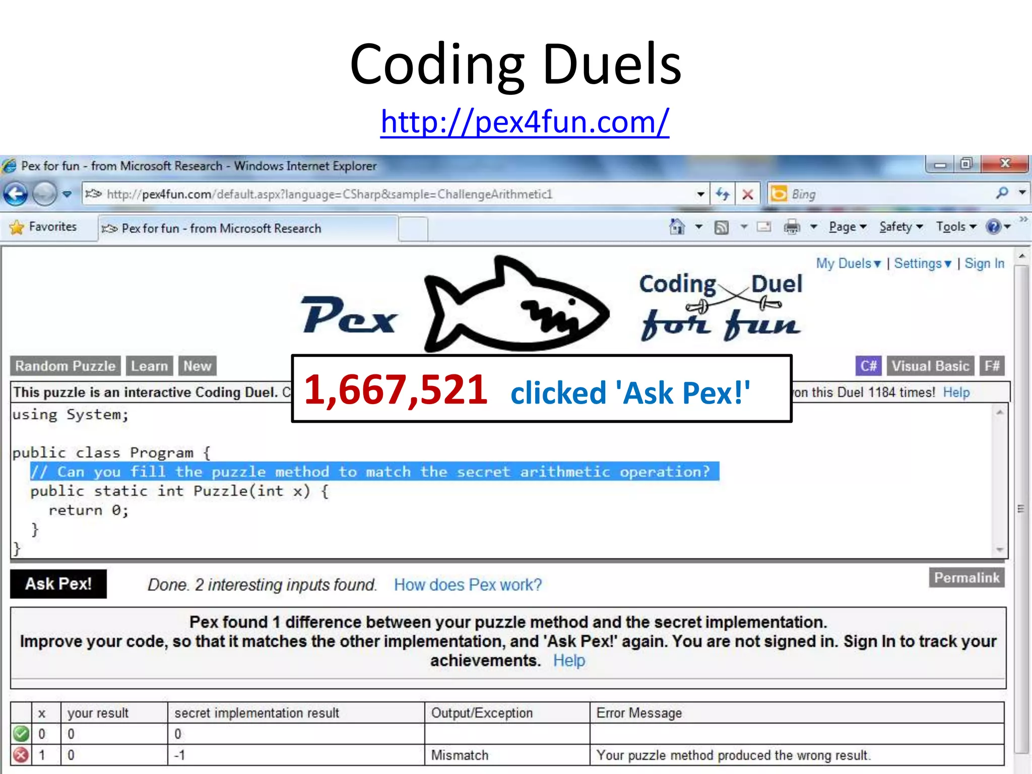Coding Duels
1,667,521 clicked 'Ask Pex!'
http://pex4fun.com/
 