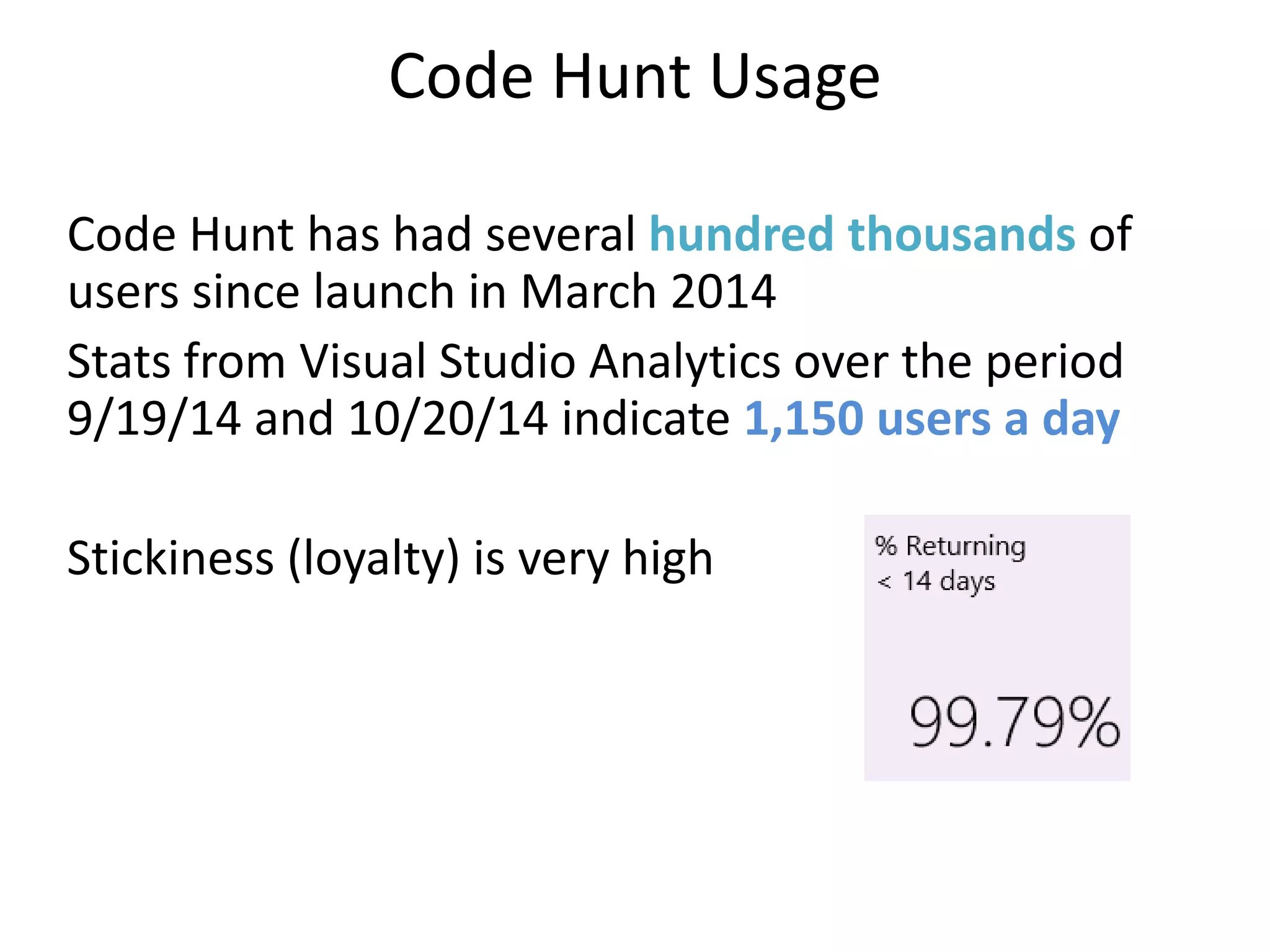 Code Hunt Usage
Code Hunt has had several hundred thousands of
users since launch in March 2014
Stats from Visual Studio Analytics over the period
9/19/14 and 10/20/14 indicate 1,150 users a day
Stickiness (loyalty) is very high
 