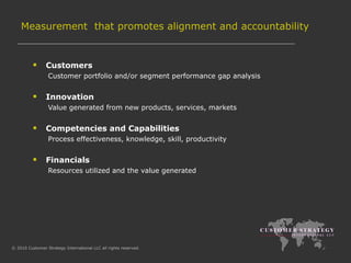 Measurement  that promotes alignment and accountability Customers Customer portfolio and/or segment performance gap analysis  Innovation Value generated from new products, services, markets Competencies and Capabilities Process effectiveness, knowledge, skill, productivity Financials Resources utilized and the value generated 