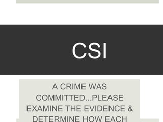 CSI!
A CRIME WAS COMMITTED...PLEASE EXAMINE
  THE EVIDENCE & DETERMINE HOW EACH
      PIECE WAS USED IN THE CRIME!
 