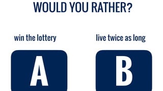WOULD YOU RATHER?
live twice as longwin the lottery
A B
 