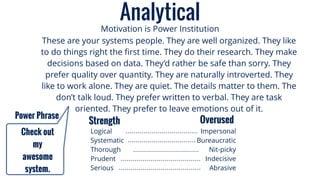 Analytical
Motivation is Power Institution
Logical
Systematic
Thorough
Prudent
Serious
Impersonal
Bureaucratic
Nit-picky
Indecisive
Abrasive
Strength Overused
These are your systems people. They are well organized. They like
to do things right the ﬁrst time. They do their research. They make
decisions based on data. They’d rather be safe than sorry. They
prefer quality over quantity. They are naturally introverted. They
like to work alone. They are quiet. The details matter to them. The
don’t talk loud. They prefer written to verbal. They are task
oriented. They prefer to leave emotions out of it.
Check out
my
awesome
system.
Power Phrase
 