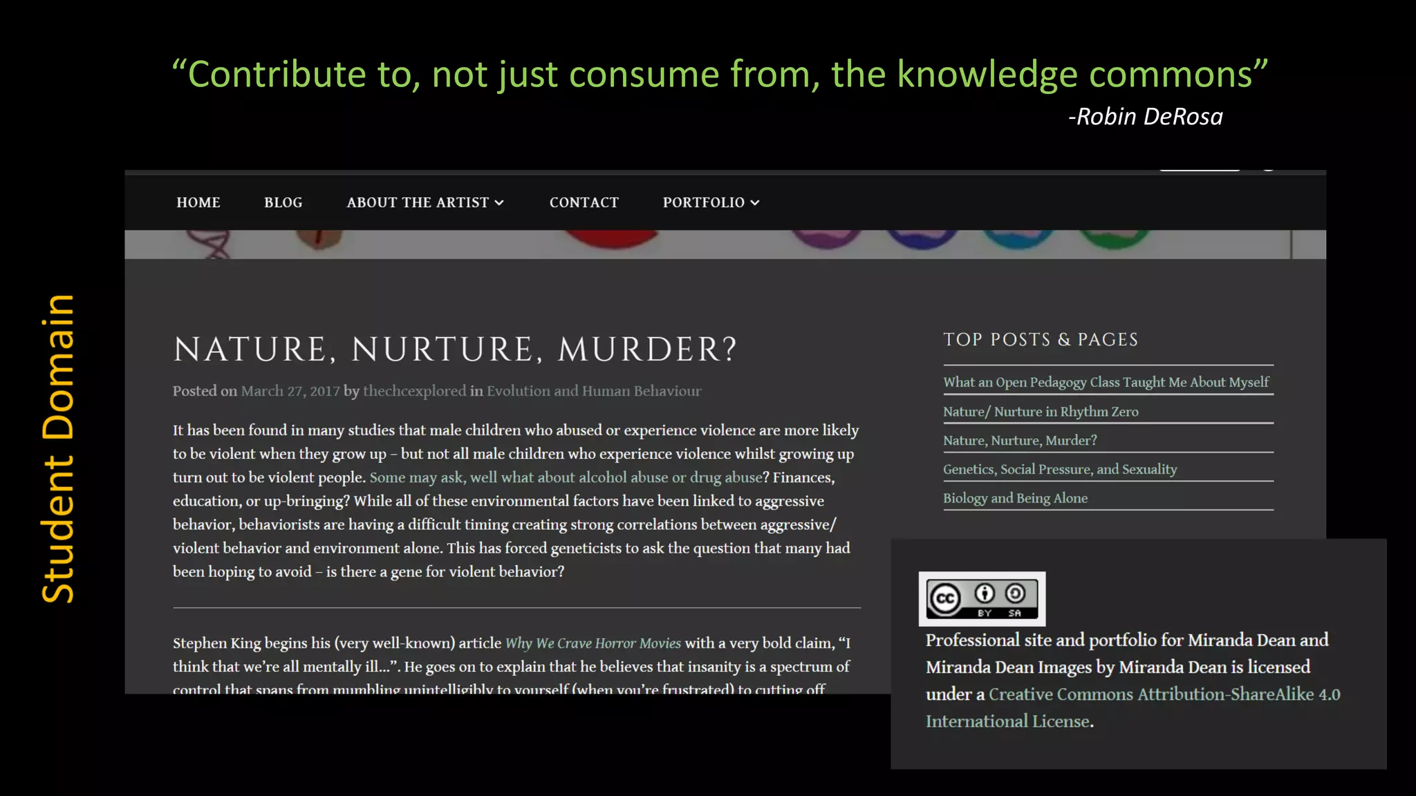 “Contribute to, not just consume from, the knowledge commons”
-Robin DeRosa
 