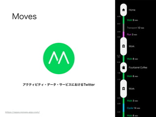 アクティビティ・データ・サービスにおけるTwitter
Moves
https://apps.moves-app.com/
 
