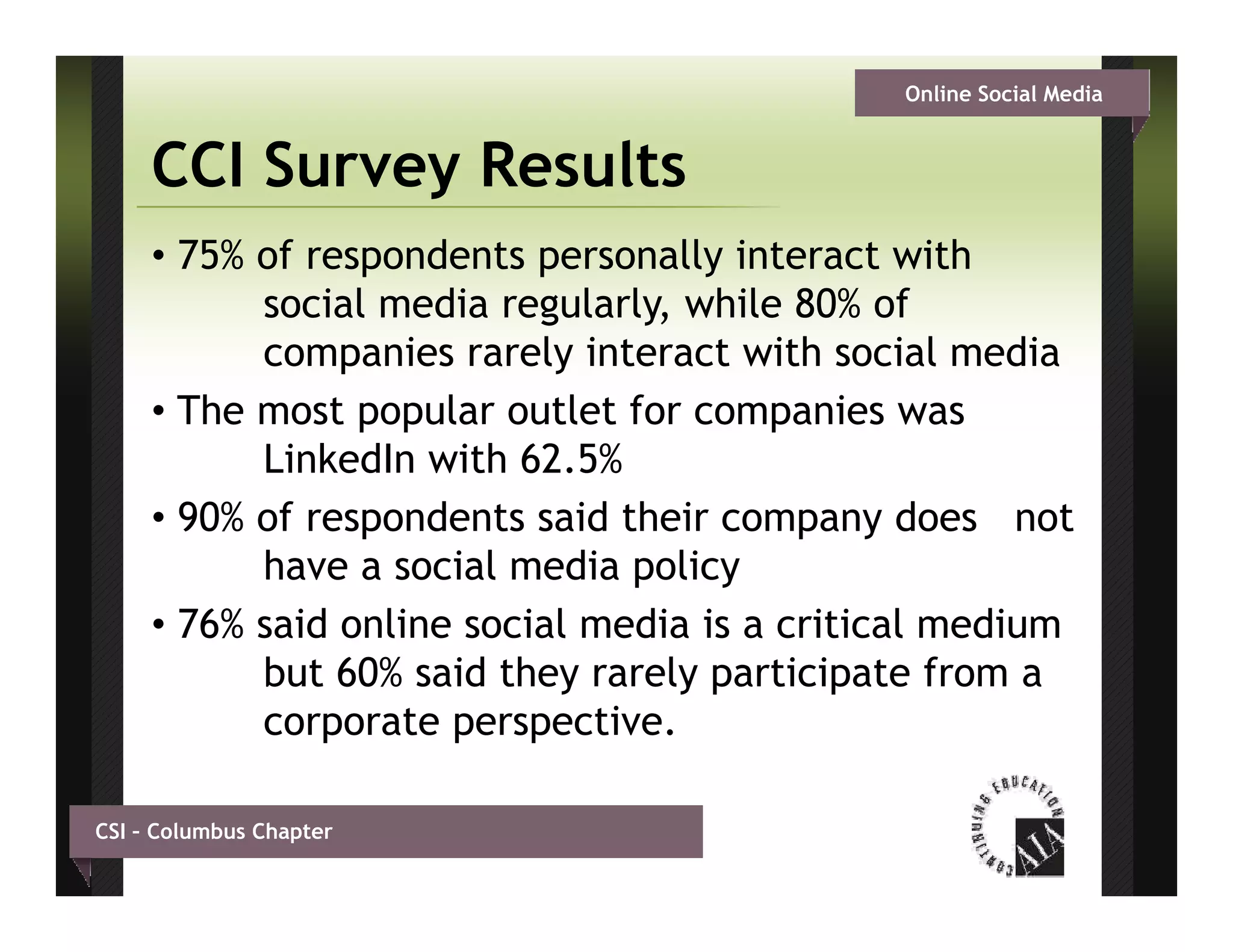 Online Social Media


     CCI Survey Results
     • 75% of respondents personally interact with
           social media regularly, while 80% of
               i l   di    g l l     hil        f
           companies rarely interact with social media
     • The most popular outlet for companies was
           LinkedIn with 62.5%
     • 90% of respondents said their company does not
                 p                        p y
           have a social media policy
     • 76% said online social media is a critical medium
           but 60% said they rarely participate from a
           corporate perspective.

CSI – Columbus Chapter
 