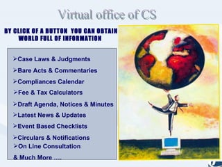 BY CLICK OF A BUTTON  YOU CAN OBTAIN WORLD FULL OF INFORMATION   Event Based Checklists  Fee & Tax Calculators Draft Agenda, Notices & Minutes Latest News & Updates  Circulars & Notifications On Line Consultation & Much More …. Case Laws & Judgments  Bare Acts & Commentaries  Virtual office of CS Compliances Calendar  