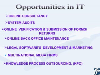 Opportunities in IT ONLINE CONSULTANCY  SYSTEM AUDITS ONLINE  VERIFICATION & SUBMISSION OF FORMS/  RETURNS  ONLINE BACK OFFICE MAINTENANCE  LEGAL SOFTWARE'S  DEVELOPMENT & MARKETING   MULTINATIONAL MEGA FIRMS  KNOWLEDGE PROCESS OUTSOURCING, (KPO) 