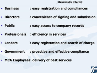 Business : easy registration and compliances Directors : convenience of signing and submission Public : easy access to company records Professionals : efficiency in services Lenders : easy registration and search of charge Government : proactive and effective compliance MCA Employees: delivery of best services Stakeholder interest 