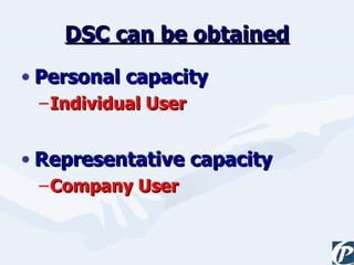 DSC can be obtained Personal capacity Individual User Representative capacity Company User  