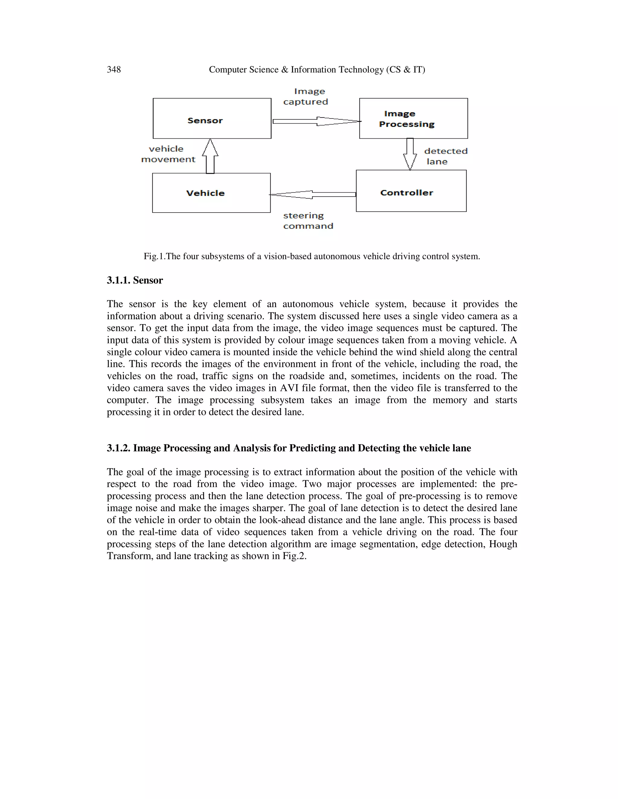 348 Computer Science & Information Technology (CS & IT)
Fig.1.The four subsystems of a vision-based autonomous vehicle driving control system.
3.1.1. Sensor
The sensor is the key element of an autonomous vehicle system, because it provides the
information about a driving scenario. The system discussed here uses a single video camera as a
sensor. To get the input data from the image, the video image sequences must be captured. The
input data of this system is provided by colour image sequences taken from a moving vehicle. A
single colour video camera is mounted inside the vehicle behind the wind shield along the central
line. This records the images of the environment in front of the vehicle, including the road, the
vehicles on the road, traffic signs on the roadside and, sometimes, incidents on the road. The
video camera saves the video images in AVI file format, then the video file is transferred to the
computer. The image processing subsystem takes an image from the memory and starts
processing it in order to detect the desired lane.
3.1.2. Image Processing and Analysis for Predicting and Detecting the vehicle lane
The goal of the image processing is to extract information about the position of the vehicle with
respect to the road from the video image. Two major processes are implemented: the pre-
processing process and then the lane detection process. The goal of pre-processing is to remove
image noise and make the images sharper. The goal of lane detection is to detect the desired lane
of the vehicle in order to obtain the look-ahead distance and the lane angle. This process is based
on the real-time data of video sequences taken from a vehicle driving on the road. The four
processing steps of the lane detection algorithm are image segmentation, edge detection, Hough
Transform, and lane tracking as shown in Fig.2.
 
