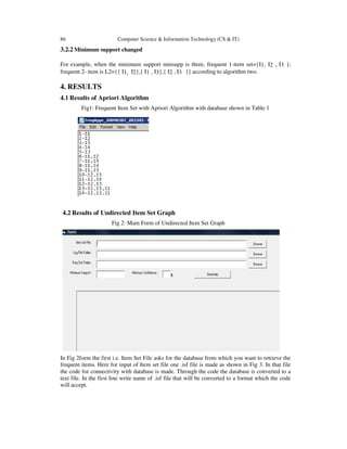 86 Computer Science & Information Technology (CS & IT)
3.2.2 Minimum support changed
For example, when the minimum support minsupp is three, frequent 1-item set={I1, I2 , I3 };
frequent 2- item is L2={{ I1, I2},{ I1 , I3},{ I2 , I3 }} according to algorithm two.
4. RESULTS
4.1 Results of Apriori Algorithm
Fig1: Frequent Item Set with Apriori Algorithm with database shown in Table 1
4.2 Results of Undirected Item Set Graph
Fig 2: Main Form of Undirected Item Set Graph
In Fig 2form the first i.e. Item Set File asks for the database from which you want to retrieve the
frequent items. Here for input of Item set file one .isf file is made as shown in Fig 3. In that file
the code for connectivity with database is made. Through the code the database is converted to a
text file. In the first line write name of .isf file that will be converted to a format which the code
will accept.
 