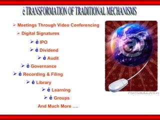 ẻ   Recording   & Filing   ẻ  Dividend ẻ  Audit ẻ  Governance ẻ   Library ẻ  Learning  Meetings Through Video Conferencing  Digital Signatures  ẻ  IPO ẻ   Groups And Much More …. ẻ TRANSFORMATION OF TRADITIONAL MECHANISMS  