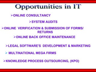 Opportunities in IT ONLINE CONSULTANCY  SYSTEM AUDITS ONLINE  VERIFICATION & SUBMISSION OF FORMS/  RETURNS  ONLINE BACK OFFICE MAINTENANCE  LEGAL SOFTWARE'S  DEVELOPMENT & MARKETING  MULTINATIONAL MEGA FIRMS  KNOWLEDGE PROCESS OUTSOURCING, (KPO) 