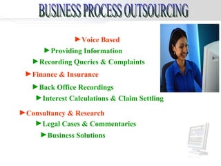 Voice Based  Finance & Insurance  Consultancy & Research  Recording Queries & Complaints  Back Office Recordings  Providing Information  Interest Calculations & Claim Settling Legal Cases & Commentaries  Business Solutions  BUSINESS PROCESS OUTSOURCING 