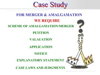 Case Study FOR MERGER & AMALGAMATION CASE LAWS AND JUDGMENTS  APPLICATION NOTICE EXPLANATORY STATEMENT  SCHEME OF AMALGAMATION/MERGER PETITION VALAUATION WE REQUIRE   