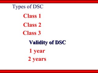 Types of DSC Class 1 Class   2 Class 3 Validity of DSC 1 year 2 years 
