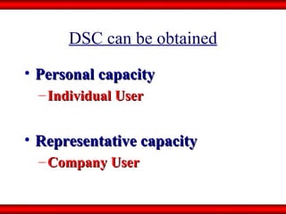 DSC can be obtained Personal capacity Individual User Representative capacity Company User  