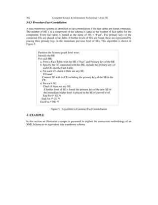 362 Computer Science & Information Technology (CS & IT)
3.4.3 Procedure Fact-Constellation
A data warehouse schema is identified as fact constellation if the fact tables are found connected.
The number of HE’s in a component of the schema is same as the number of fact tables for the
component. Every fact table is named as the name of HE + “Fact”. The primary keys of the
connected CEs are placed in fact table. If further levels of SEs are found, these are represented by
placing their primary keys in the immediate previous level of SEs. This algorithm is shown in
Figure 5.
Figure 5. Algorithm to Construct Fact Constellation
4. EXAMPLE
In this section an illustrative example is presented to explain the conversion methodology of an
XML Schema to its equivalent data warehouse schema
Partition the Schema graph level wise;
Identify the HE
For each HE:
a. Form a Fact-Table with the HE +”Fact” and Primary key of the HE
b. Specify the CE connected with this HE, include the primary keys of
each CE into the Fact-Table.
c. For each CE check if there are any SE:
If Found
Connect SE with its CE including the primary key of the SE in the
CE;
d. For each SE:
Check if there are any SE:
If further level of SE is found the primary key of the new SE of
the immediate higher level is placed in the SE of current level
End For /* SE */
End For /* CE */
End For /* HE */
 