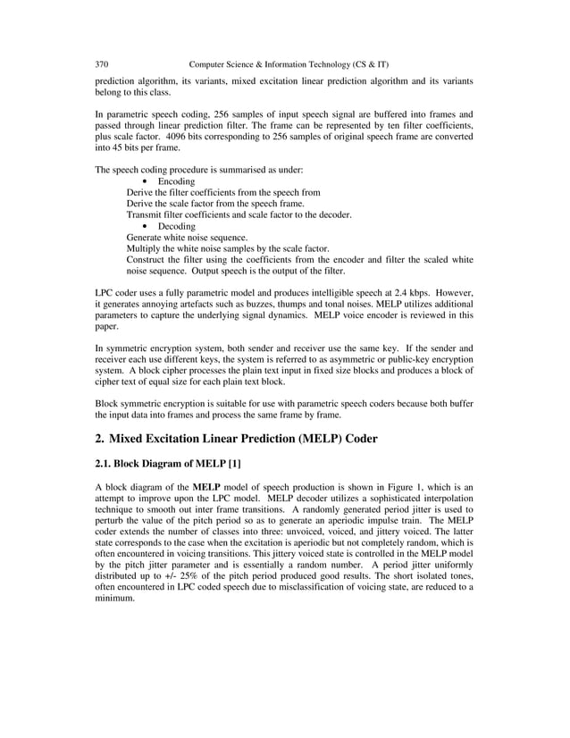 SYMMETRIC ENCRYPTION ALGORITHM IN SPEECH CODING FOR DEFENCE ...