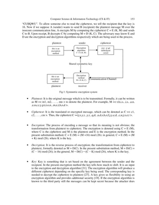 Computer Science & Information Technology (CS & IT) 153
“CUIIQWU”. To allow someone else to read the ciphertext, we tell the recipient that the key is
16. Now if we suppose A (sender) wants to send B (recipient) the plaintext message M over the
insecure communication line, A encrypts M by computing the ciphertext C = E (K, M) and sends
C to B. Upon receipt, B decrypts C by computing M = D (K, C). The adversary may know E and
D are the encryption and decryption algorithms respectively which are being used in the process.
plaintext sender ciphertext
Shared symmetric key
Communication Channel
plaintext receiver
Fig 1: Symmetric encryption system
• Plaintext: It is the original message which is to be transmitted. Formally, it can be written
as M =< m1, m2, . . . , mn > to denote the plaintext. For example, M =< t,h,i,s, ,i,s, ,a,n,
,e,n,c,r,y,p,t,i,o,n, ,m,e,t,h,o,d >.
• Ciphertext: It is the translated or encrypted message, which can be denoted as C =< c1,
c2, . . . , cm >. Thus, the ciphertext C =<j,x,y,i, ,y,i, ,q,d, ,u,d,s,h,o,f,j,y,e,d, ,c,u,j,x,e,t >.
• Encryption: The process of encoding a message so that its meaning is not obvious; the
transformation from plaintext to ciphertext. The encryption is denoted using C = E (M),
where C is the ciphertext and M is the plaintext and E is the encryption method. In the
present substitution method, C = E (M) = (M +16) mod (26); in general, C = E (M) = (M
+ K) mod (26), where K is the key.
• Decryption: It is the reverse process of encryption; the transformation from ciphertext to
plaintext, formally denoted as M = D(C). In the present substitution method, M = D(C) =
(C − 16) mod (26); in the general, M = D(C) = (C − K) mod (26), where K is the key.
• Key: Key is something that is set based on the agreement between the sender and the
recipient. In the present encryption method the key tells how much to shift. It is an input
to the encryption and decryption algorithm [31]. The encryption algorithm will produce a
different ciphertext depending on the specific key being used. The corresponding key is
needed to decrypt the ciphertext to plaintext [27]. A key gives us flexibility in using an
encryption algorithm and provides additional security [19]. If the encryption algorithm is
known to the third party still the messages can be kept secret because the attacker does
Encryption
algorithm
C = E (K, M)
jxyi yi qd
udshofjyed
cujxet
this is an
encryption
method
Decryption
method
M = D (K, C)
this is an
encryption
method
 
