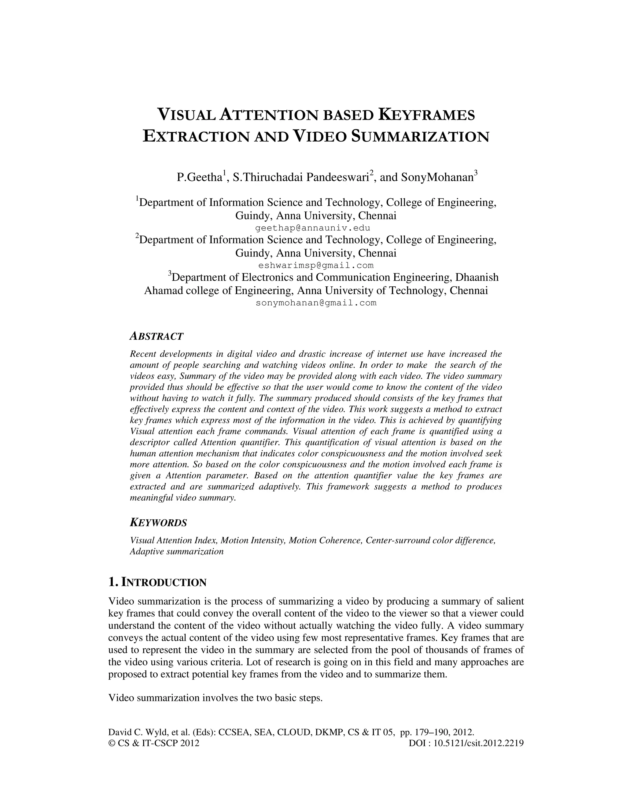 VISUAL ATTENTION BASED KEYFRAMES EXTRACTION AND VIDEO SUMMARIZATION PDF