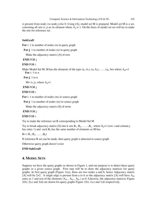 Computer Science & Information Technology (CS & IT) 345
is present from node i to node j else 0. Using [A], model set M is prepared. Model set M is a set,
consisting all sets (i, j) as its element where Aij is 1. On the basis of model set we will try to make
the sets for reference set.
SubGraD
For i: 1 to number of nodes (n) in query graph
For j: 1 to number of nodes (n) in query graph
Make the adjacency matrix [A] of n×n
END FOR j
END FOR i
Make Model Set M, M has the elements of the type (a1, b1), (a1, b2),…… (an, bn) where Aab=1
For i: 1 to n
For j: 1 to n
M= (i, j), where Aij=1
END FOR j
END FOR i
For i: 1 to number of nodes (m) in source graph
For j: 1 to number of nodes (m) in source graph
Make the adjacency matrix [S] of m×m
END FOR j
END FOR i
Try to make the reference set R corresponding to Model Set M
Try to break adjacency matrix [S] into k sets R1, R2, ……,Rk , where Sij=1 (row i and column j
has entry 1) and each Rk has the same number of elements as M has
R= ( R1, R2, ……,Rk)
If reference R set can be made, then query graph is detected in source graph
Otherwise query graph doesn’t exist
END SubGraD
4. MODEL SETS
Suppose we have the query graphs as shown in Figure 1, and our purpose is to detect these query
graphs in a given source graph. First step will be to draw the adjacency matrices for query
graphs. In first query graph (Figure 1(a)), there are two nodes a and b, hence Adjacency matrix
[A] will be 2×2. A single edge is present from a to b so the adjacency matrix [A] will have Aab
entry as 1 and rest of the elements (Aaa , Aba , Abb ) as 0. Likewise, the adjacency matrices Figure
2(b), 2(c) and 2(d) are drawn for query graphs Figure 1(b), 1(c) and 1(d) respectively.
 