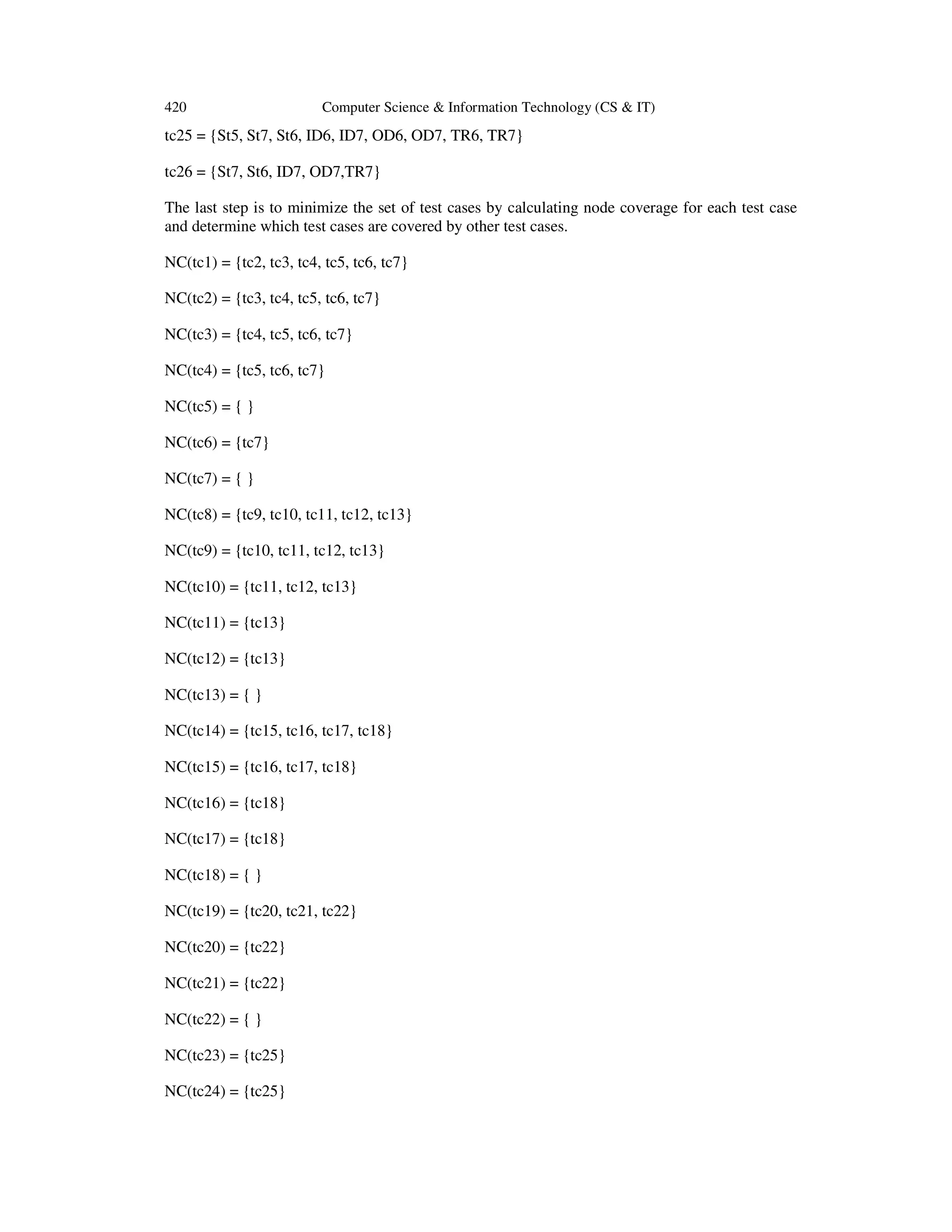 420 Computer Science & Information Technology (CS & IT) tc25 = {St5, St7, St6, ID6, ID7, OD6, OD7, TR6, TR7} tc26 = {St7, St6, ID7, OD7,TR7} The last step is to minimize the set of test cases by calculating node coverage for each test case and determine which test cases are covered by other test cases. NC(tc1) = {tc2, tc3, tc4, tc5, tc6, tc7} NC(tc2) = {tc3, tc4, tc5, tc6, tc7} NC(tc3) = {tc4, tc5, tc6, tc7} NC(tc4) = {tc5, tc6, tc7} NC(tc5) = { } NC(tc6) = {tc7} NC(tc7) = { } NC(tc8) = {tc9, tc10, tc11, tc12, tc13} NC(tc9) = {tc10, tc11, tc12, tc13} NC(tc10) = {tc11, tc12, tc13} NC(tc11) = {tc13} NC(tc12) = {tc13} NC(tc13) = { } NC(tc14) = {tc15, tc16, tc17, tc18} NC(tc15) = {tc16, tc17, tc18} NC(tc16) = {tc18} NC(tc17) = {tc18} NC(tc18) = { } NC(tc19) = {tc20, tc21, tc22} NC(tc20) = {tc22} NC(tc21) = {tc22} NC(tc22) = { } NC(tc23) = {tc25} NC(tc24) = {tc25} 