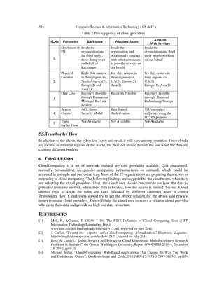 328 Computer Science & Information Technology ( CS & IT )
Table 2.Privacy policy of cloud providers
Sl.No Parameter Rackspace Windows Azure
Amazon
Web Services
1.
Disclosure of
PII
Inside the
organization and
the third party ,
those doing work
on behalf of
Rackspace
Inside the
organization and
occasionally contract
with other companies
to provide services on
our behalf
Inside the
organization and third
party people working
on our behalf.
2.
Physical
Location
Eight data centers
in three region viz.,
North America(5),
Europe(2) and
Asia(1)
Six data centers in
three regions viz.,
U.S(2), Europe(2),
Asia(2)
Six data centers in
three regions viz.,
U.S(3),
Europe(1), Asia(2)
3.
Data Loss Recovery Possible
through Unmetered
Managed Backup
Service
Recovery Possible Recovery possible
through Reduced
Redundancy Storage
4.
Access
Control
ACL Based
Security Model
Rule Based
Authorization
SSL encrypted
endpoints using the
HTTPS protocol
5.
Trans
border Flow
Not Available Not Available Not Available
5.5.Transborder Flow
In addition to the above, the cyber law is not universal; it will vary among countries. Since clouds
are located in different regions of the world, the provider should furnish the law when the data are
crossing different borders.
6. CONCLUSION
CloudComputing is a set of network enabled services, providing scalable, QoS guaranteed,
normally personalized, inexpensive computing infrastructures on demand, which could be
accessed in a simple and pervasive way. Most of the IT organizations are preparing themselves to
migrating to cloud computing. The following findings are suggested to the cloud users, when they
are selecting the cloud providers. First, the cloud user should concentrate on how the data is
protected from one another, where their data is located, how the access is limited. Second, Cloud
userhas right to know the rules and laws followed by different countries when it comes
Transborder flow. Cloud users should try to get the proper solution for the above said privacy
issues from the cloud providers. This will help the cloud user to select a suitable cloud provider
who cares their data and provides a high end data protection.
REFERENCES
[1] Mell, P., &Grance, T. (2009, 7 10). The NIST Definition of Cloud Computing, from NIST
Information Technology Laboratory, http://
www.nist.gov/itl/cloud/upload/cloud-def-v15.pdf, retrieved on may 2011.
[2] J. Geelan, “Twenty one experts define cloud computing. Virtualization,” Electronic Magazine,
http://virtualization.sys-con. com/node/612375 , viewed on July 2011.
[3] Ross A. Lumley, “Cyber Security and Privacy in Cloud Computing: Multidisciplinary Research
Problems in Business”, the George Washington University, Report GW-CSPRI-2010-4, December
18, 2010, pp 1-10.
[4] Michael Miller, “Cloud Computing: Web-Based Applications That Change the Way You Work
and Collaborate Online”, QueKnowledge and Grids,2010,ISBN-13: 978-0-7897-3803-5, pp105-
 
