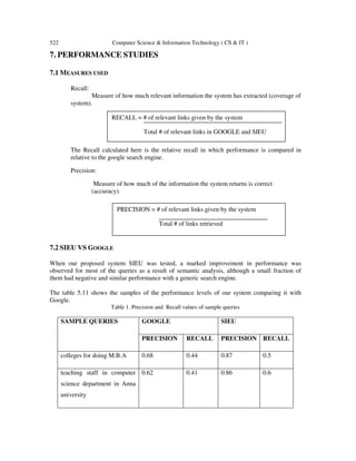 522 Computer Science & Information Technology ( CS & IT )
7. PERFORMANCE STUDIES
7.1 MEASURES USED
Recall:
Measure of how much relevant information the system has extracted (coverage of
system).
The Recall calculated here is the relative recall in which performance is compared in
relative to the google search engine.
Precision:
Measure of how much of the information the system returns is correct
(accuracy).
7.2 SIEU VS GOOGLE
When our proposed system SIEU was tested, a marked improvement in performance was
observed for most of the queries as a result of semantic analysis, although a small fraction of
them had negative and similar performance with a generic search engine.
The table 5.11 shows the samples of the performance levels of our system comparing it with
Google.
Table 1. Precision and Recall values of sample queries
SAMPLE QUERIES GOOGLE SIEU
PRECISION RECALL PRECISION RECALL
colleges for doing M.B.A 0.68 0.44 0.87 0.5
teaching staff in computer
science department in Anna
university
0.62 0.41 0.86 0.6
RECALL = # of relevant links given by the system
Total # of relevant links in GOOGLE and SIEU
PRECISION = # of relevant links given by the system
Total # of links retrieved
 