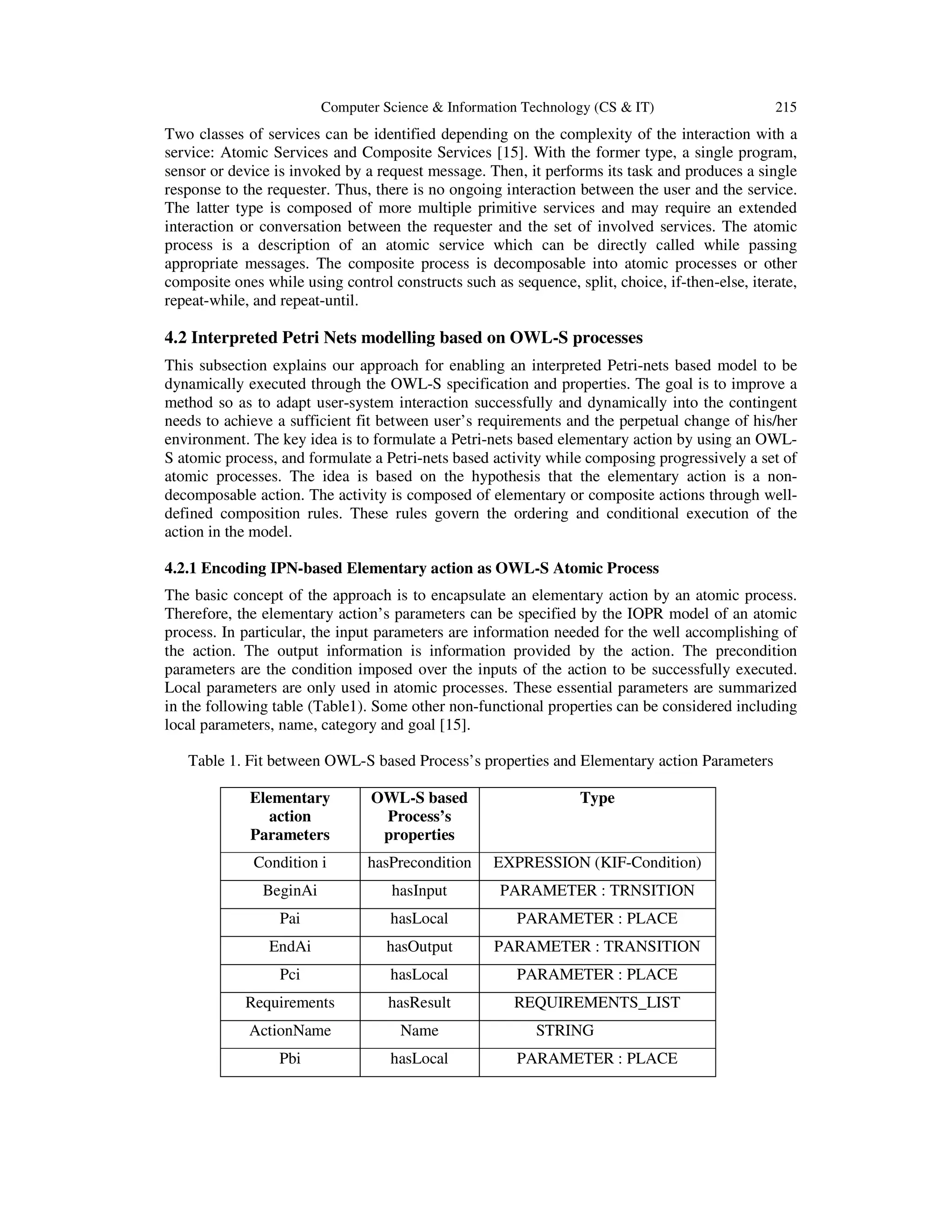 Computer Science & Information Technology (CS & IT) 215
Two classes of services can be identified depending on the complexity of the interaction with a
service: Atomic Services and Composite Services [15]. With the former type, a single program,
sensor or device is invoked by a request message. Then, it performs its task and produces a single
response to the requester. Thus, there is no ongoing interaction between the user and the service.
The latter type is composed of more multiple primitive services and may require an extended
interaction or conversation between the requester and the set of involved services. The atomic
process is a description of an atomic service which can be directly called while passing
appropriate messages. The composite process is decomposable into atomic processes or other
composite ones while using control constructs such as sequence, split, choice, if-then-else, iterate,
repeat-while, and repeat-until.
4.2 Interpreted Petri Nets modelling based on OWL-S processes
This subsection explains our approach for enabling an interpreted Petri-nets based model to be
dynamically executed through the OWL-S specification and properties. The goal is to improve a
method so as to adapt user-system interaction successfully and dynamically into the contingent
needs to achieve a sufficient fit between user’s requirements and the perpetual change of his/her
environment. The key idea is to formulate a Petri-nets based elementary action by using an OWL-
S atomic process, and formulate a Petri-nets based activity while composing progressively a set of
atomic processes. The idea is based on the hypothesis that the elementary action is a non-
decomposable action. The activity is composed of elementary or composite actions through well-
defined composition rules. These rules govern the ordering and conditional execution of the
action in the model.
4.2.1 Encoding IPN-based Elementary action as OWL-S Atomic Process
The basic concept of the approach is to encapsulate an elementary action by an atomic process.
Therefore, the elementary action’s parameters can be specified by the IOPR model of an atomic
process. In particular, the input parameters are information needed for the well accomplishing of
the action. The output information is information provided by the action. The precondition
parameters are the condition imposed over the inputs of the action to be successfully executed.
Local parameters are only used in atomic processes. These essential parameters are summarized
in the following table (Table1). Some other non-functional properties can be considered including
local parameters, name, category and goal [15].
Table 1. Fit between OWL-S based Process’s properties and Elementary action Parameters
Elementary
action
Parameters
OWL-S based
Process’s
properties
Type
Condition i hasPrecondition EXPRESSION (KIF-Condition)
BeginAi hasInput PARAMETER : TRNSITION
Pai hasLocal PARAMETER : PLACE
EndAi hasOutput PARAMETER : TRANSITION
Pci hasLocal PARAMETER : PLACE
Requirements hasResult REQUIREMENTS_LIST
ActionName Name STRING
Pbi hasLocal PARAMETER : PLACE
 