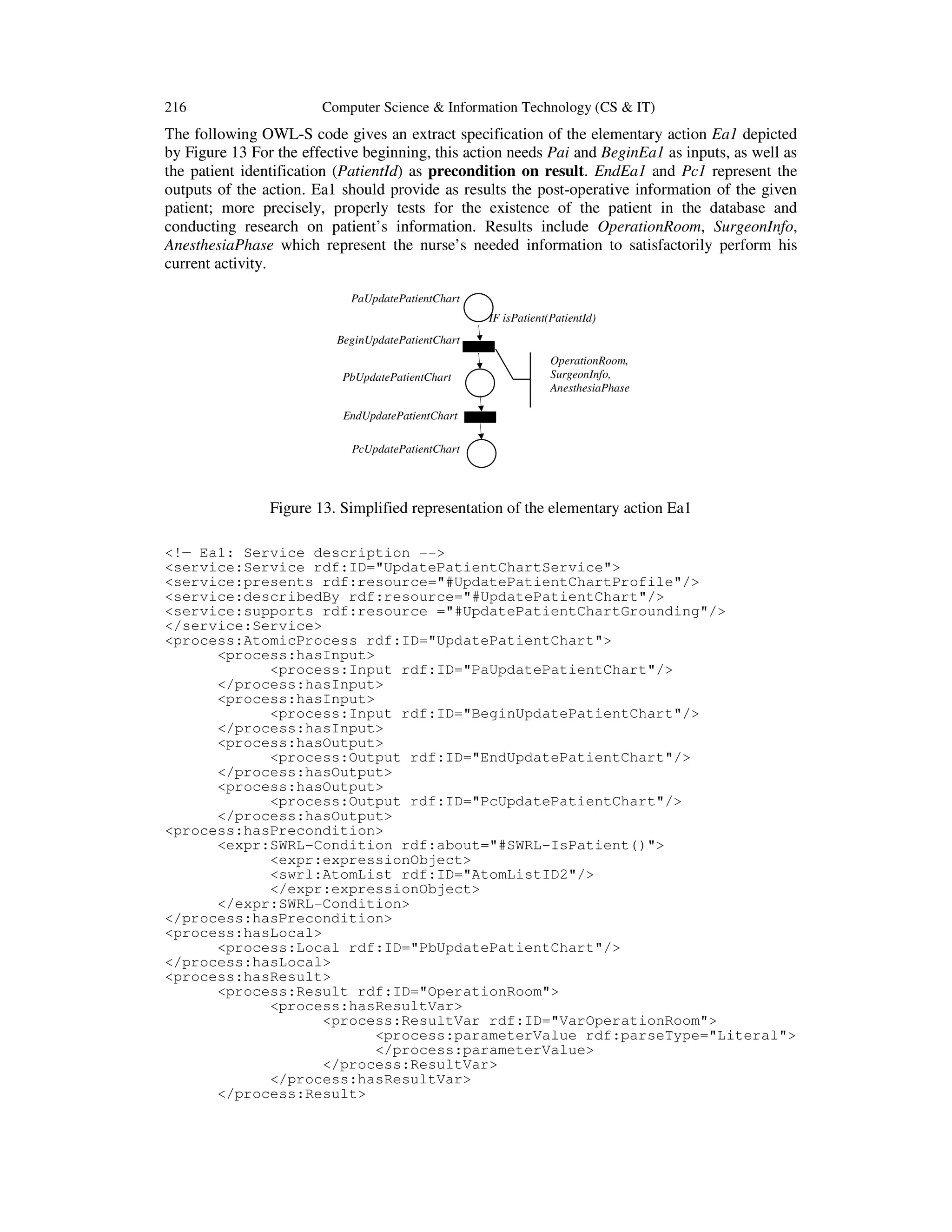 216 Computer Science & Information Technology (CS & IT)
The following OWL-S code gives an extract specification of the elementary action Ea1 depicted
by Figure 13 For the effective beginning, this action needs Pai and BeginEa1 as inputs, as well as
the patient identification (PatientId) as precondition on result. EndEa1 and Pc1 represent the
outputs of the action. Ea1 should provide as results the post-operative information of the given
patient; more precisely, properly tests for the existence of the patient in the database and
conducting research on patient’s information. Results include OperationRoom, SurgeonInfo,
AnesthesiaPhase which represent the nurse’s needed information to satisfactorily perform his
current activity.
Figure 13. Simplified representation of the elementary action Ea1
<!— Ea1: Service description -->
<service:Service rdf:ID="UpdatePatientChartService">
<service:presents rdf:resource="#UpdatePatientChartProfile"/>
<service:describedBy rdf:resource="#UpdatePatientChart"/>
<service:supports rdf:resource ="#UpdatePatientChartGrounding"/>
</service:Service>
<process:AtomicProcess rdf:ID="UpdatePatientChart">
<process:hasInput>
<process:Input rdf:ID="PaUpdatePatientChart"/>
</process:hasInput>
<process:hasInput>
<process:Input rdf:ID="BeginUpdatePatientChart"/>
</process:hasInput>
<process:hasOutput>
<process:Output rdf:ID="EndUpdatePatientChart"/>
</process:hasOutput>
<process:hasOutput>
<process:Output rdf:ID="PcUpdatePatientChart"/>
</process:hasOutput>
<process:hasPrecondition>
<expr:SWRL-Condition rdf:about="#SWRL-IsPatient()">
<expr:expressionObject>
<swrl:AtomList rdf:ID="AtomListID2"/>
</expr:expressionObject>
</expr:SWRL-Condition>
</process:hasPrecondition>
<process:hasLocal>
<process:Local rdf:ID="PbUpdatePatientChart"/>
</process:hasLocal>
<process:hasResult>
<process:Result rdf:ID="OperationRoom">
<process:hasResultVar>
<process:ResultVar rdf:ID="VarOperationRoom">
<process:parameterValue rdf:parseType="Literal">
</process:parameterValue>
</process:ResultVar>
</process:hasResultVar>
</process:Result>
OperationRoom,
SurgeonInfo,
AnesthesiaPhase
PaUpdatePatientChart
PbUpdatePatientChart
PcUpdatePatientChart
BeginUpdatePatientChart
EndUpdatePatientChart
IF isPatient(PatientId)
 