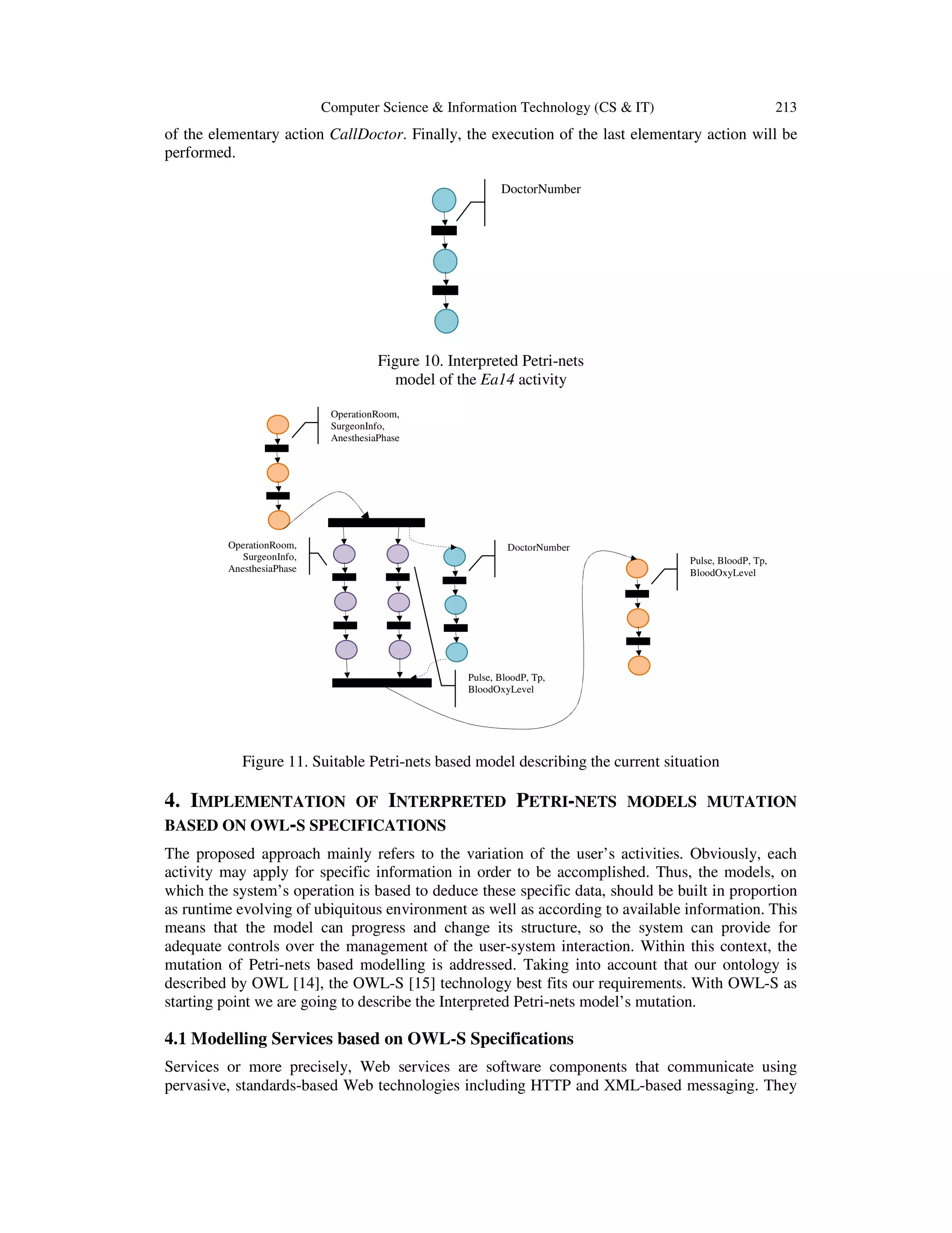 Computer Science & Information Technology (CS & IT) 213
of the elementary action CallDoctor. Finally, the execution of the last elementary action will be
performed.
Figure 10. Interpreted Petri-nets
model of the Ea14 activity
Figure 11. Suitable Petri-nets based model describing the current situation
4. IMPLEMENTATION OF INTERPRETED PETRI-NETS MODELS MUTATION
BASED ON OWL-S SPECIFICATIONS
The proposed approach mainly refers to the variation of the user’s activities. Obviously, each
activity may apply for specific information in order to be accomplished. Thus, the models, on
which the system’s operation is based to deduce these specific data, should be built in proportion
as runtime evolving of ubiquitous environment as well as according to available information. This
means that the model can progress and change its structure, so the system can provide for
adequate controls over the management of the user-system interaction. Within this context, the
mutation of Petri-nets based modelling is addressed. Taking into account that our ontology is
described by OWL [14], the OWL-S [15] technology best fits our requirements. With OWL-S as
starting point we are going to describe the Interpreted Petri-nets model’s mutation.
4.1 Modelling Services based on OWL-S Specifications
Services or more precisely, Web services are software components that communicate using
pervasive, standards-based Web technologies including HTTP and XML-based messaging. They
DoctorNumber
OperationRoom,
SurgeonInfo,
AnesthesiaPhase
Pulse, BloodP, Tp,
BloodOxyLevel
OperationRoom,
SurgeonInfo,
AnesthesiaPhase
Pulse, BloodP, Tp,
BloodOxyLevel
DoctorNumber
 