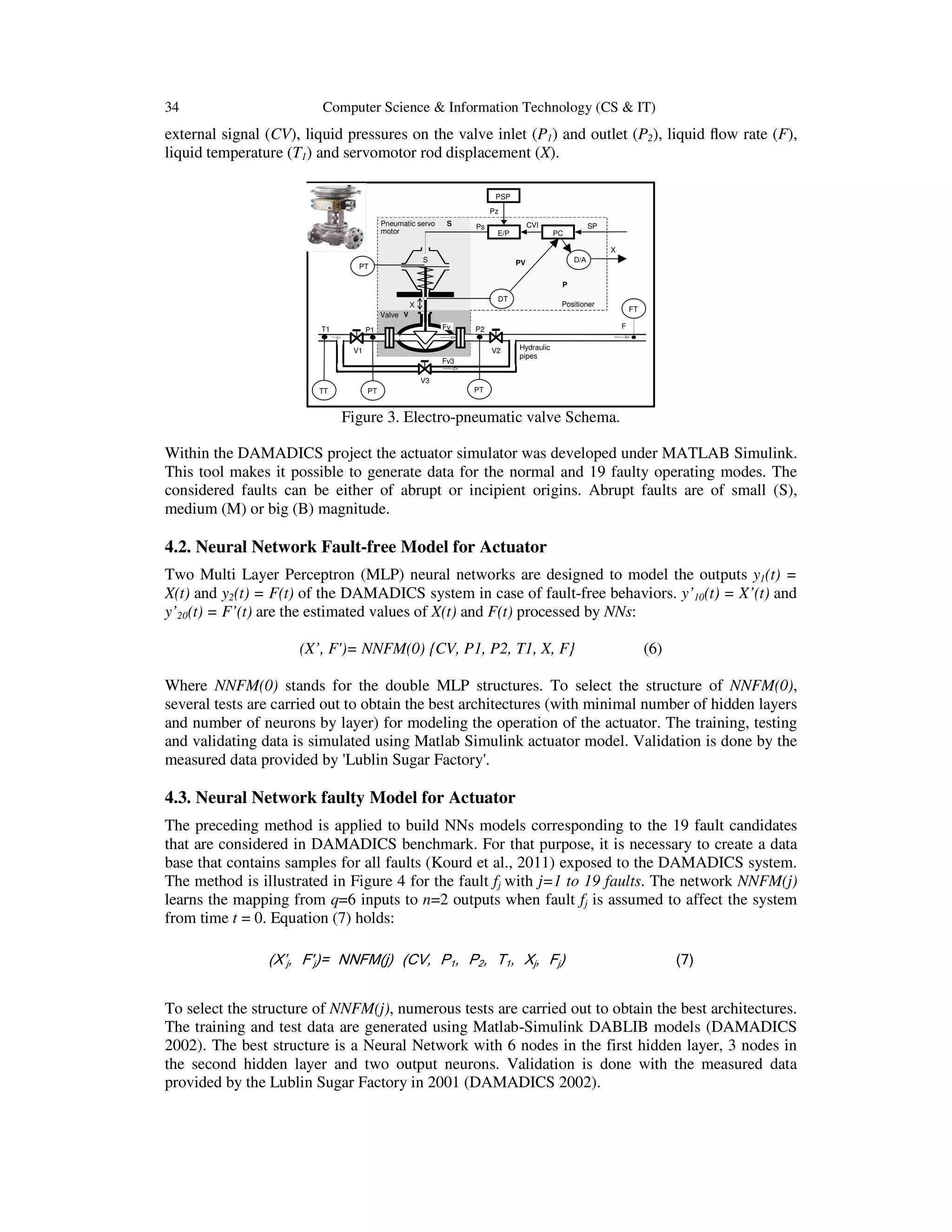 34 Computer Science & Information Technology (CS & IT)
external signal (CV), liquid pressures on the valve inlet (P1) and outlet (P2), liquid ﬂow rate (F),
liquid temperature (T1) and servomotor rod displacement (X).
Figure 3. Electro-pneumatic valve Schema.
Within the DAMADICS project the actuator simulator was developed under MATLAB Simulink.
This tool makes it possible to generate data for the normal and 19 faulty operating modes. The
considered faults can be either of abrupt or incipient origins. Abrupt faults are of small (S),
medium (M) or big (B) magnitude.
4.2. Neural Network Fault-free Model for Actuator
Two Multi Layer Perceptron (MLP) neural networks are designed to model the outputs y1(t) =
X(t) and y2(t) = F(t) of the DAMADICS system in case of fault-free behaviors. y’10(t) = X’(t) and
y’20(t) = F’(t) are the estimated values of X(t) and F(t) processed by NNs:
(X’, F')= NNFM(0) {CV, P1, P2, T1, X, F} (6)
Where NNFM(0) stands for the double MLP structures. To select the structure of NNFM(0),
several tests are carried out to obtain the best architectures (with minimal number of hidden layers
and number of neurons by layer) for modeling the operation of the actuator. The training, testing
and validating data is simulated using Matlab Simulink actuator model. Validation is done by the
measured data provided by 'Lublin Sugar Factory'.
4.3. Neural Network faulty Model for Actuator
The preceding method is applied to build NNs models corresponding to the 19 fault candidates
that are considered in DAMADICS benchmark. For that purpose, it is necessary to create a data
base that contains samples for all faults (Kourd et al., 2011) exposed to the DAMADICS system.
The method is illustrated in Figure 4 for the fault fj with j=1 to 19 faults. The network NNFM(j)
learns the mapping from q=6 inputs to n=2 outputs when fault fj is assumed to affect the system
from time t = 0. Equation (7) holds:
(X’j, F'j)= NNFM(j) (CV, P1, P2, T1, Xj, Fj) (7)
To select the structure of NNFM(j), numerous tests are carried out to obtain the best architectures.
The training and test data are generated using Matlab-Simulink DABLIB models (DAMADICS
2002). The best structure is a Neural Network with 6 nodes in the first hidden layer, 3 nodes in
the second hidden layer and two output neurons. Validation is done with the measured data
provided by the Lublin Sugar Factory in 2001 (DAMADICS 2002).
S
DT
FT
E/P PC
Positioner
CVIPs
V
V3
V1 V2
F
SP
X
PSP
Pz
Pneumatic servo
motor
Valve
PTPT
P1 P2
Fv3
FvT1
TT
P
X
D/APV
Hydraulic
pipes
S
PT
 