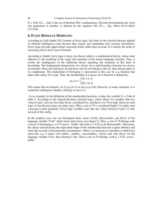 60 Computer Science & Information Technology (CS & IT)
G = {G0, G1,..., Gq} is the set of Boolean PLC configurations. Discrete developments plc, from
one generation to another, is defined by the sequence G0, G1,..., Gq, where Gi+1=∆(Gi)
[1,23,24].
6. FUZZY BOOLEAN MODELING
According to Lotfi Zadeh [19], founder of fuzzy logic, the limits of the classical theories applied
in artificial intelligence come because they require and manipulate only accurate information.
Fuzzy logic provides approximate reasoning modes rather than accurate. It is mainly the mode of
reasoning used in most cases in humans.
According to Zadeh, fuzzy logic is fuzzy sets theory which is a mathematical theory, whose main
objective is the modeling of the vague and uncertain of the natural language concepts. Thus, it
avoids the inadequacies of the traditional theory regarding the treatment of this kind of
knowledge. The fundamental characteristic of a classic set is rigid boundary between two classes
of elements: those who belong to all and those who do not belong to this set. they belong rather to
its complement. The relationship of belonging is represented in this case by a µ function that
takes truth values {0,1} pair. Thus, the membership of a classic set A function is defined by:



∉
∈
=
Axif
Aif
xA
0
x1
)(µ
This means that an element x in A (µA(x)=1) or not (µA(x)=0). However, in many situations, it is
sometimes ambiguous whether x belongs or not to A.
As an example for the definition of the membership functions, it takes the variable X3 = Coût of
table 2. According to the (logical Boolean) classical logic, which allows for variables that two
values 0 and 1, all costs less than 40 are considered low, and those over 70 as high. However such
logic of classification does not make sense. Why a cost of 75 is considered higher? in reality such
a passage is done gradually. Fuzzy logic variables may take any values between 0 and 1 to take
account of this reality.
In the simplest case, one can distinguish three values Faible, Raisonnable, and Elevé, of the
language variable “Coût” which forms three fuzzy sets (figure 5). Thus, a cost of 35 belongs with
a factor of belonging µ = 0.75 across ' Faible' and with µ = 0.25 to all 'Raisonnable'. Obviously,
the choice characterizing the trapezoidal shape of the membership function is quite arbitrary and
must take account of the particular circumstances. Often, it is necessary to introduce a subdivision
more fine, e.g. 5 values «très faible», «faible», «raisonnable», «élevé» and «très élevé» for the
language variable 'Cost', thus forming 5 sets. Thus a cost of 35 belongs, with µ = 0.25, across '
faible '.
 