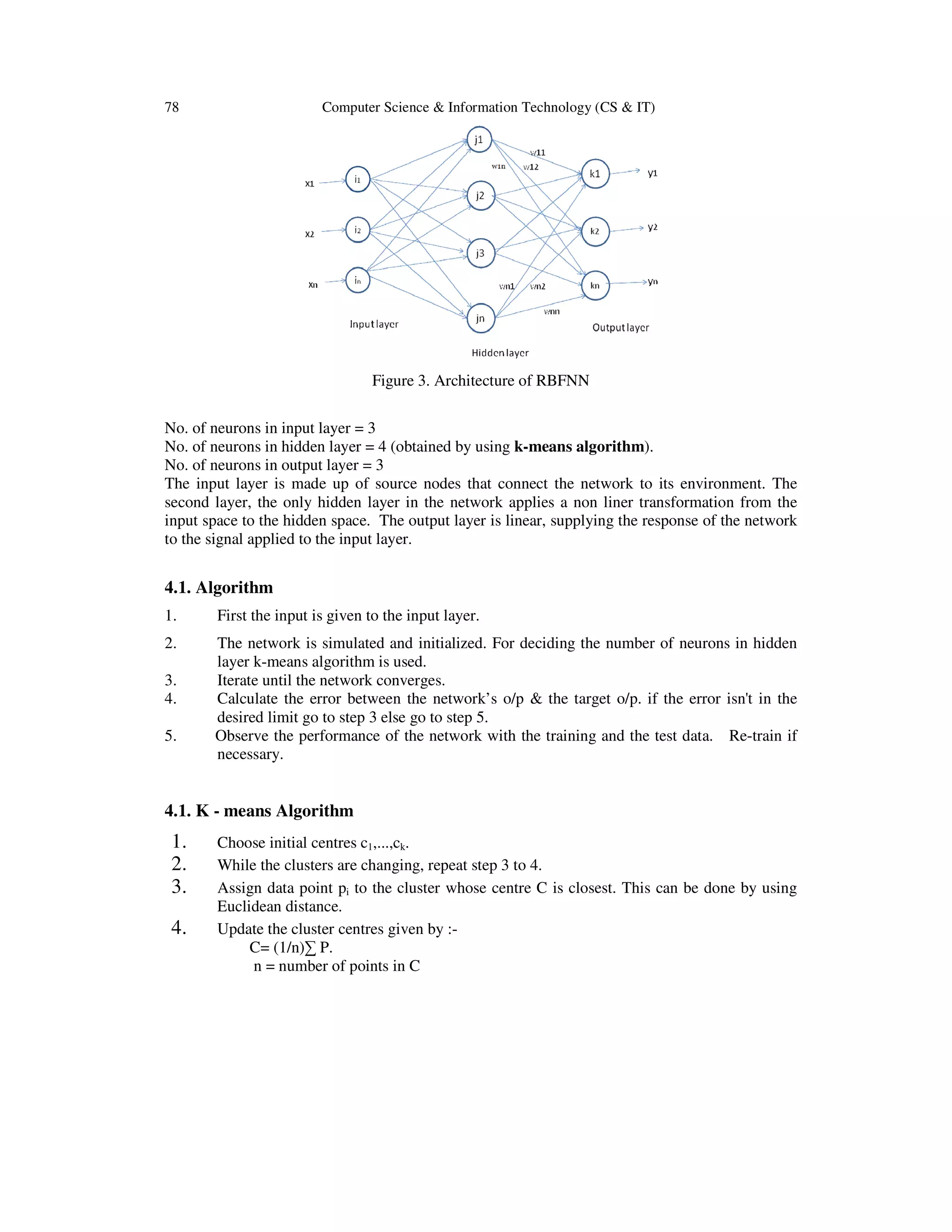 78 Computer Science & Information Technology (CS & IT)
Figure 3. Architecture of RBFNN
No. of neurons in input layer = 3
No. of neurons in hidden layer = 4 (obtained by using k-means algorithm).
No. of neurons in output layer = 3
The input layer is made up of source nodes that connect the network to its environment. The
second layer, the only hidden layer in the network applies a non liner transformation from the
input space to the hidden space. The output layer is linear, supplying the response of the network
to the signal applied to the input layer.
4.1. Algorithm
1. First the input is given to the input layer.
2. The network is simulated and initialized. For deciding the number of neurons in hidden
layer k-means algorithm is used.
3. Iterate until the network converges.
4. Calculate the error between the network’s o/p & the target o/p. if the error isn't in the
desired limit go to step 3 else go to step 5.
5. Observe the performance of the network with the training and the test data. Re-train if
necessary.
4.1. K - means Algorithm
1. Choose initial centres c1,...,ck.
2. While the clusters are changing, repeat step 3 to 4.
3. Assign data point pi to the cluster whose centre C is closest. This can be done by using
Euclidean distance.
4. Update the cluster centres given by :-
C= (1/n)∑ P.
n = number of points in C
 